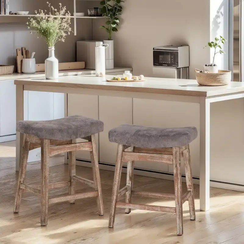 Tabourets de bar en bois massif de 61 cm (24 pouces) avec coussin en lin/simili cuir, lot de 2