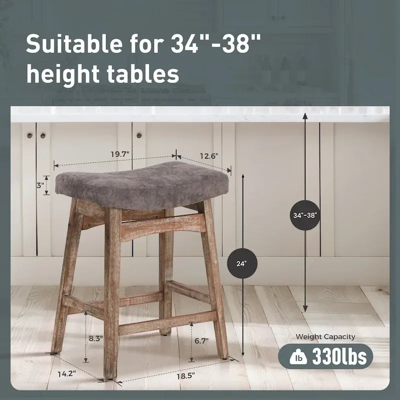 Tabourets de bar en bois massif de 61 cm (24 pouces) avec coussin en lin/simili cuir, lot de 2