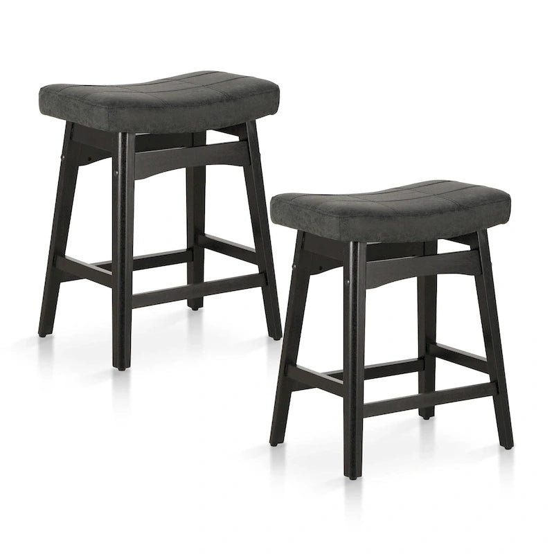 Tabourets de bar en bois massif de 61 cm (24 pouces) avec coussin en lin/simili cuir, lot de 2