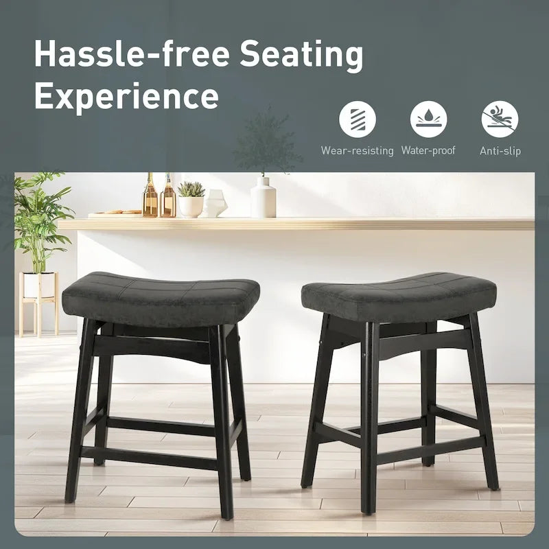 Tabourets de bar en bois massif de 61 cm (24 pouces) avec coussin en lin/simili cuir, lot de 2