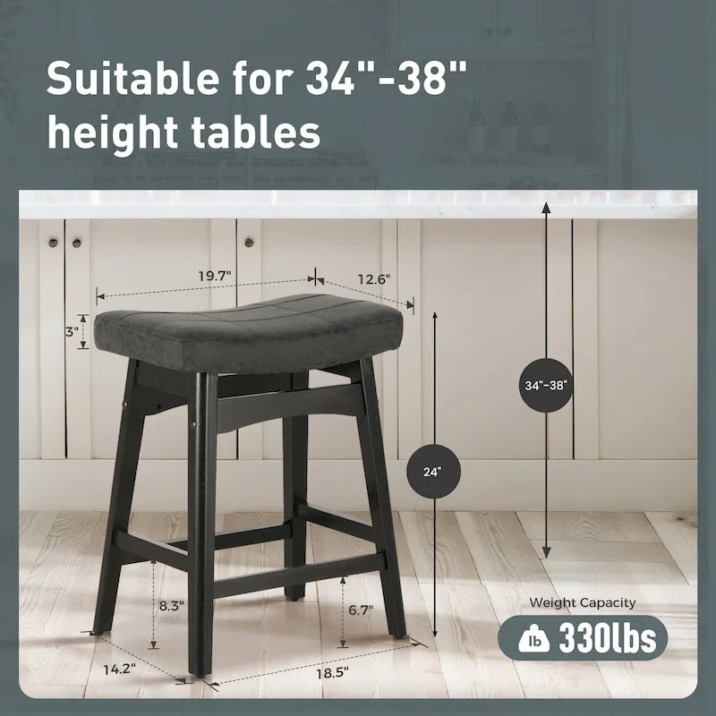 Tabourets de bar en bois massif de 61 cm (24 pouces) avec coussin en lin/simili cuir, lot de 2