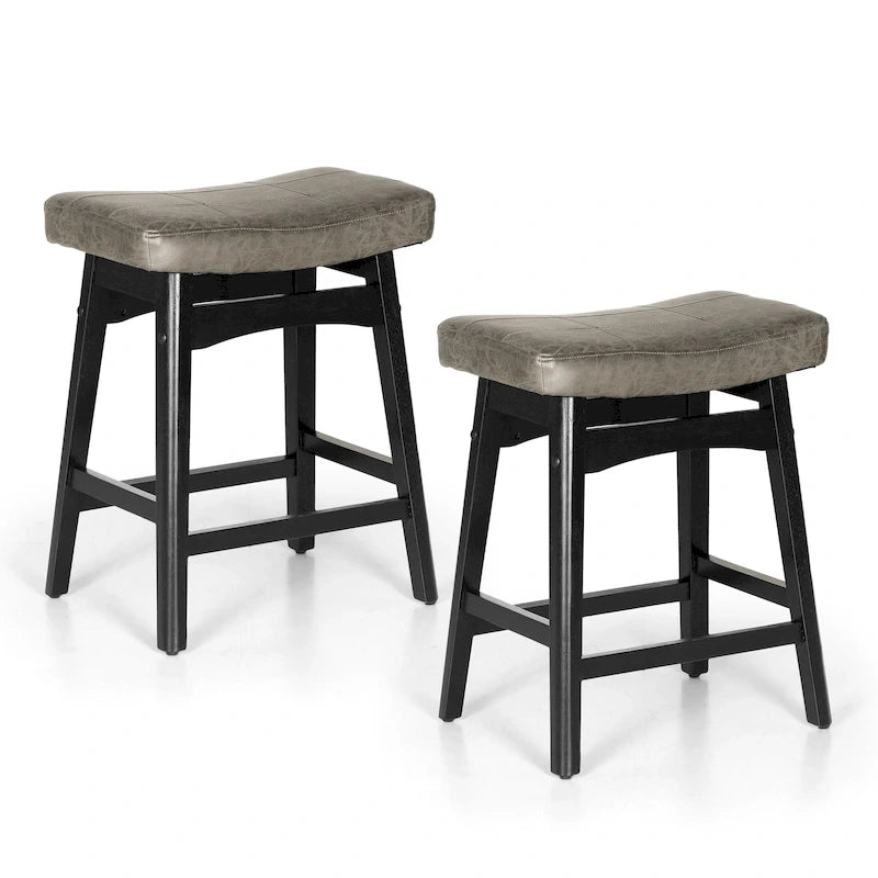 Tabourets de bar en bois massif de 61 cm (24 pouces) avec coussin en lin/simili cuir, lot de 2
