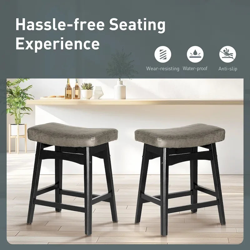 Tabourets de bar en bois massif de 61 cm (24 pouces) avec coussin en lin/simili cuir, lot de 2