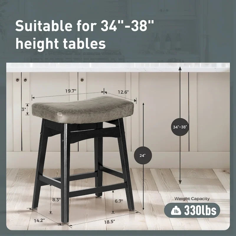 Tabourets de bar en bois massif de 61 cm (24 pouces) avec coussin en lin/simili cuir, lot de 2