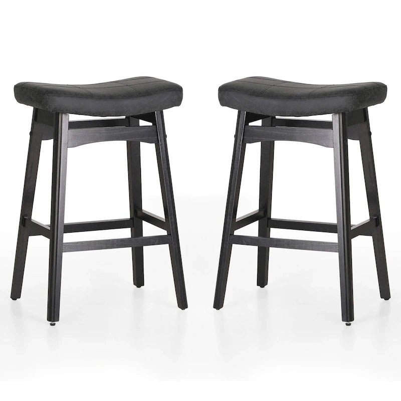 Tabourets de bar en bois massif de 61 cm (24 pouces) avec coussin en lin/simili cuir, lot de 2