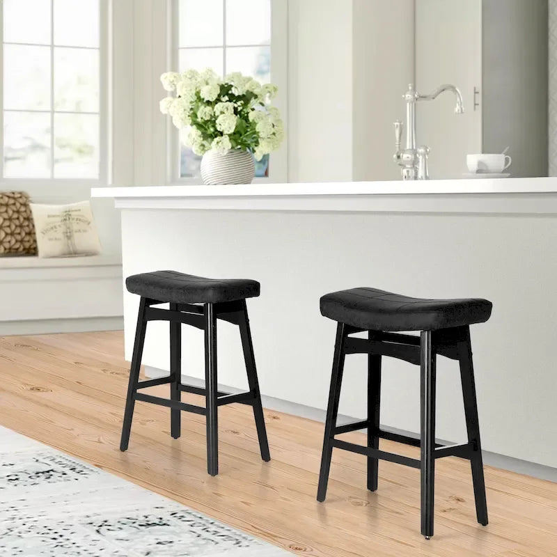 Tabourets de bar en bois massif de 61 cm (24 pouces) avec coussin en lin/simili cuir, lot de 2