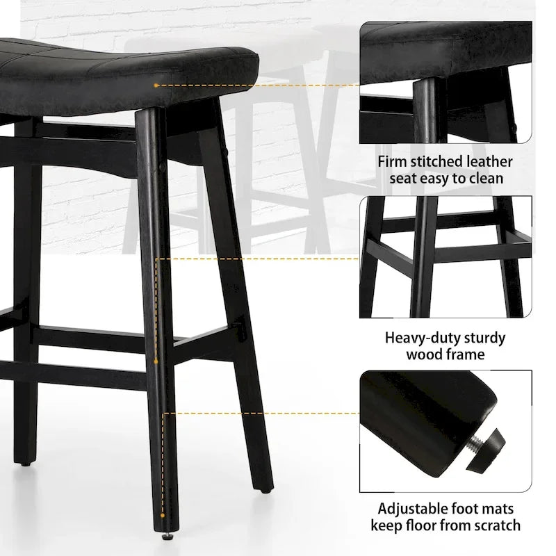 Tabourets de bar en bois massif de 61 cm (24 pouces) avec coussin en lin/simili cuir, lot de 2
