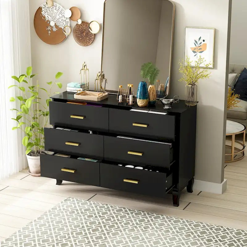 Timechee 6 Drawer 47.2W Double Dresser Solid Wood Legs Lacquer Chest