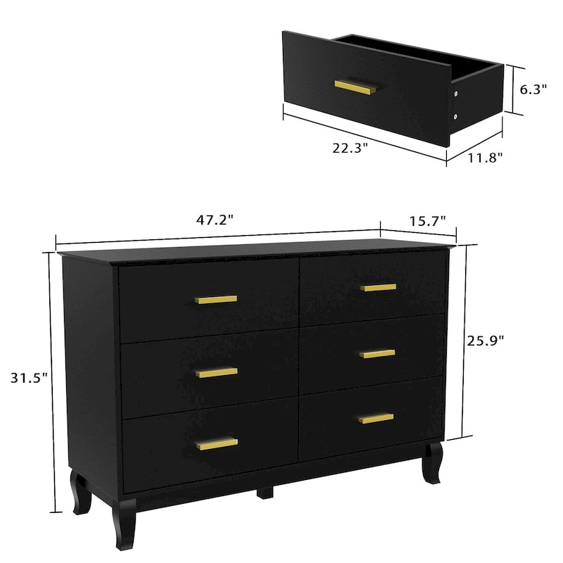 Commode double Timechee à 6 tiroirs, 47,2 cm de largeur, pieds en bois massif, finition laquée.