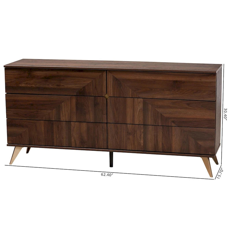 Commode à 6 tiroirs Graceland de style transitionnel moderne du milieu du siècle, finition noyer brun