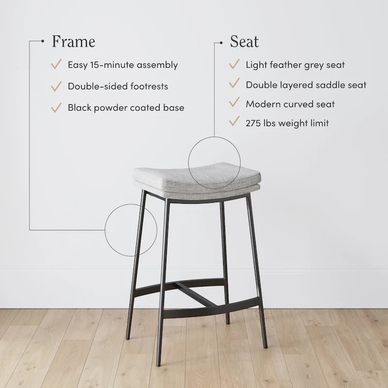 Tabouret de bar de cuisine moderne sans dossier Nathan James Arlo, avec assise en selle et piètement en métal