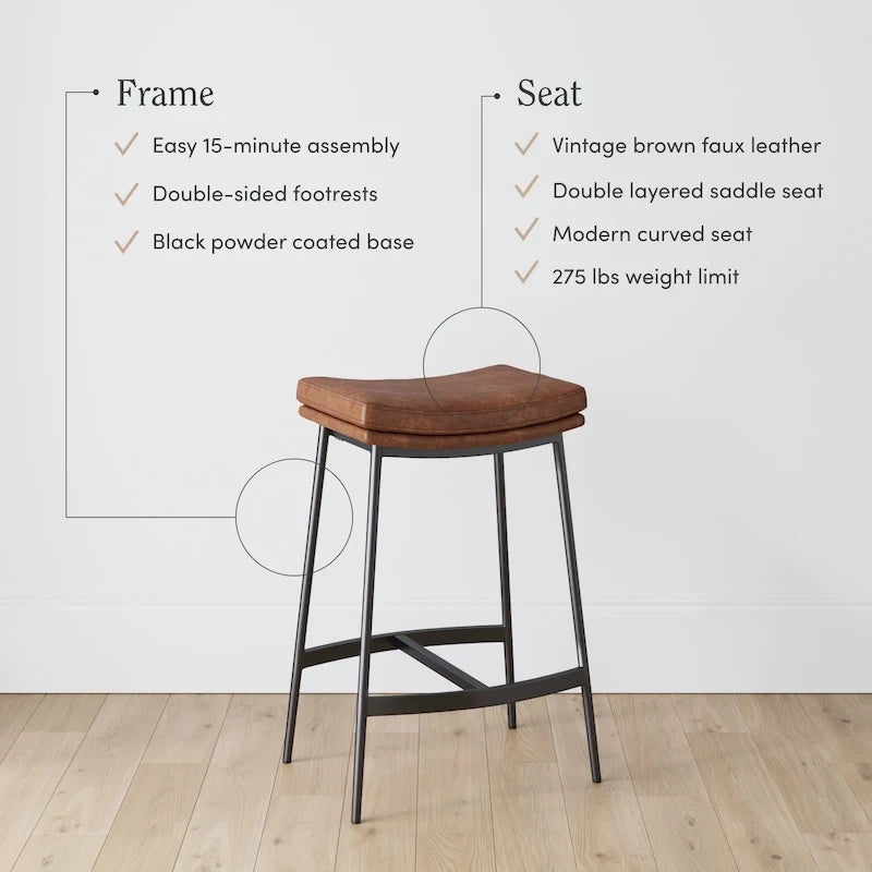 Tabouret de bar de cuisine moderne sans dossier Nathan James Arlo, avec assise en selle et piètement en métal