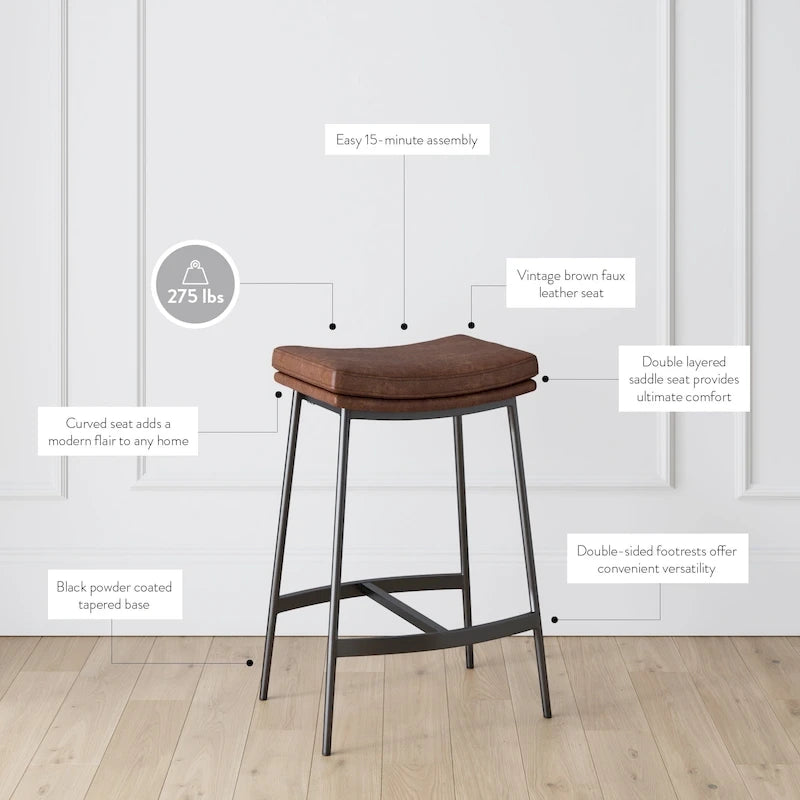 Tabouret de bar de cuisine moderne sans dossier Nathan James Arlo, avec assise en selle et piètement en métal
