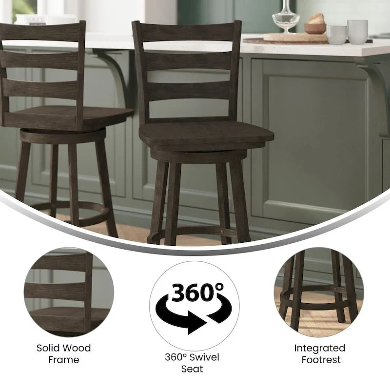 Tabouret de bar pivotant en bois à dossier échelle avec repose-pieds