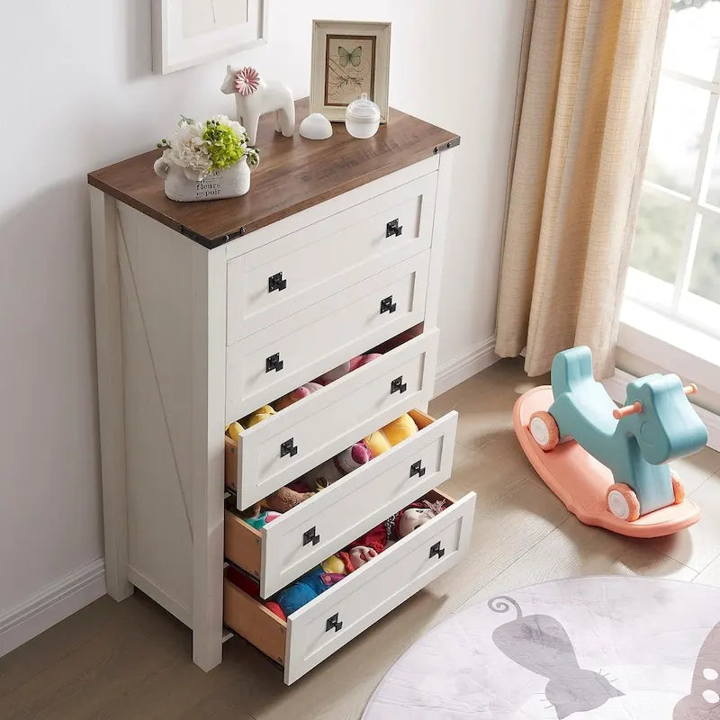 Commode en bois de style campagnard à 5 tiroirs de 48 pouces de haut, idéale pour une chambre à coucher.
