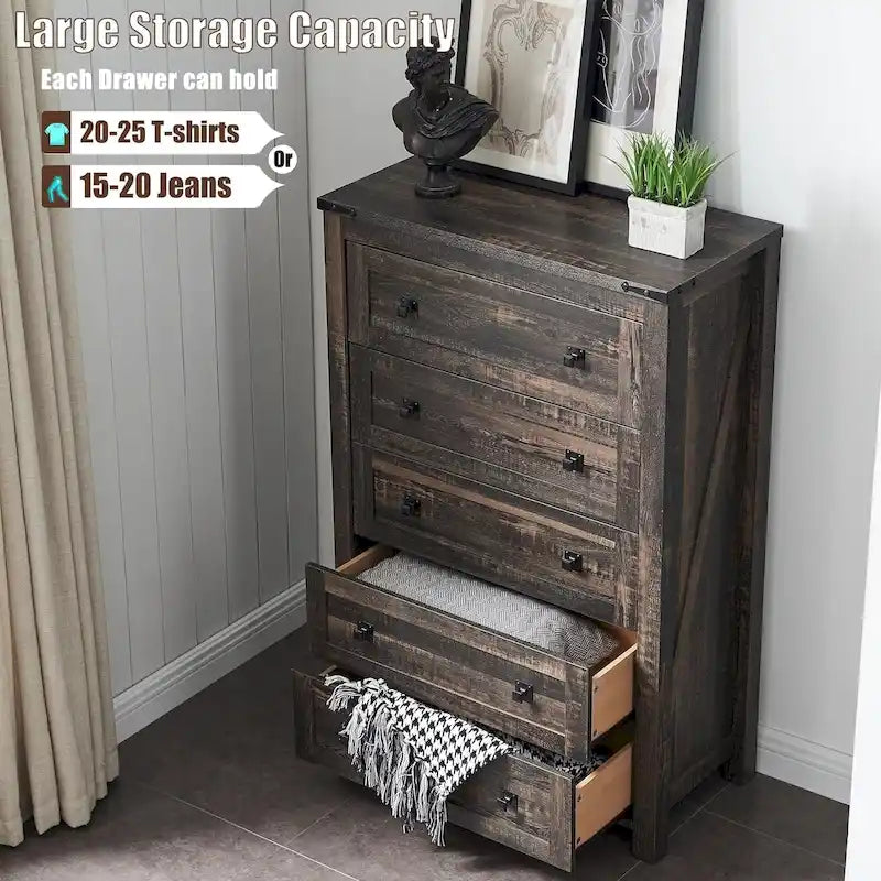 Commode en bois de style campagnard à 5 tiroirs de 48 pouces de haut, idéale pour une chambre à coucher.