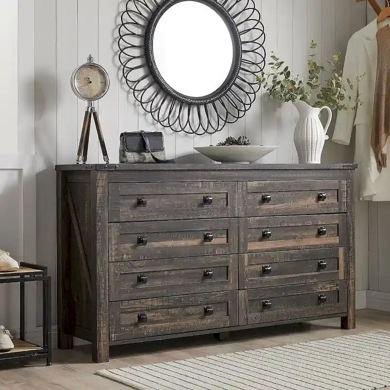 Commode rustique en bois à 8 tiroirs, style ferme