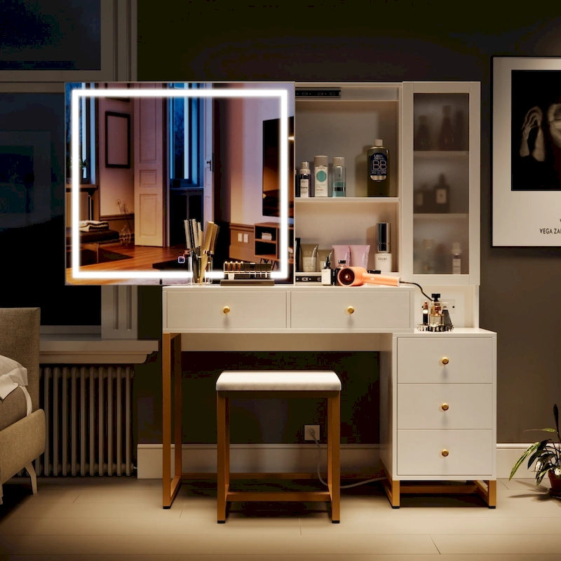 Vanity Set with Lighted Mirror and Charging Station, Extra Large Mirror Makeup Vanity Table,white