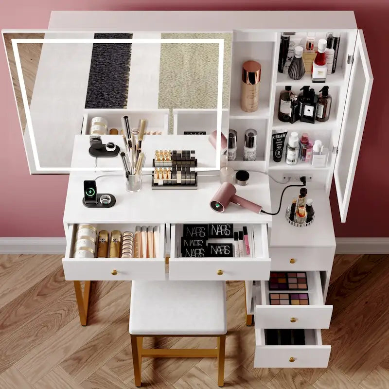 Ensemble coiffeuse avec miroir lumineux et station de recharge, coiffeuse avec miroir extra large, blanc