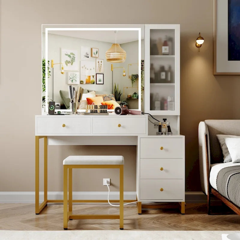 Ensemble coiffeuse avec miroir lumineux et station de recharge, coiffeuse avec miroir extra large, blanc