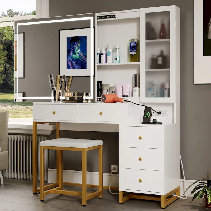 Ensemble coiffeuse avec miroir lumineux et station de recharge, coiffeuse avec miroir extra large, blanc