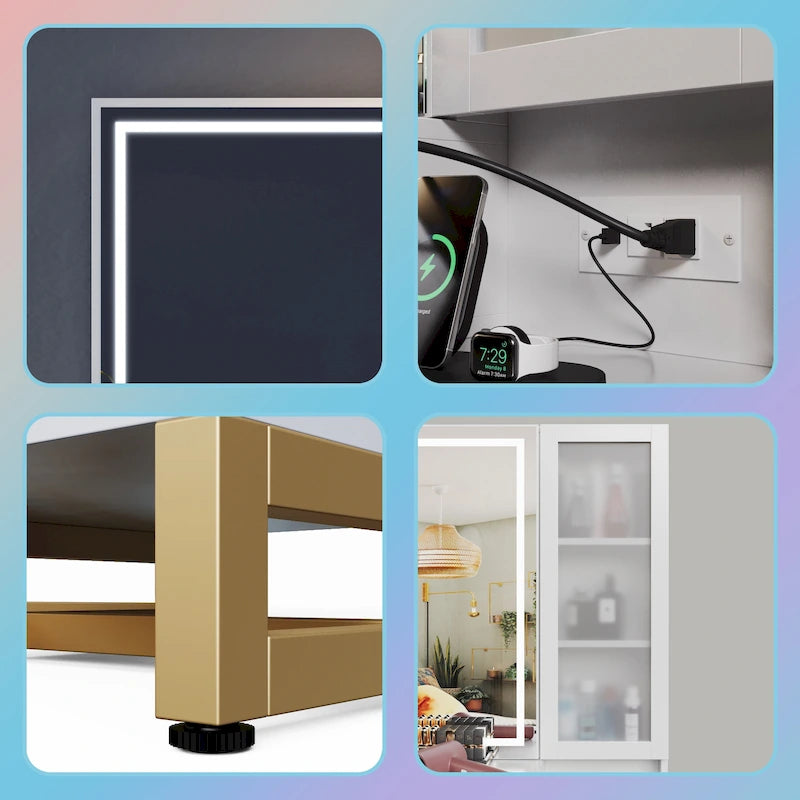 Ensemble coiffeuse avec miroir lumineux et station de recharge, coiffeuse avec miroir extra large, blanc