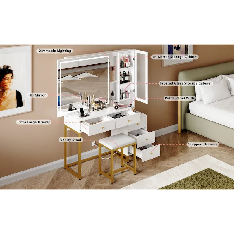 Ensemble coiffeuse avec miroir lumineux et station de recharge, coiffeuse avec miroir extra large, blanc