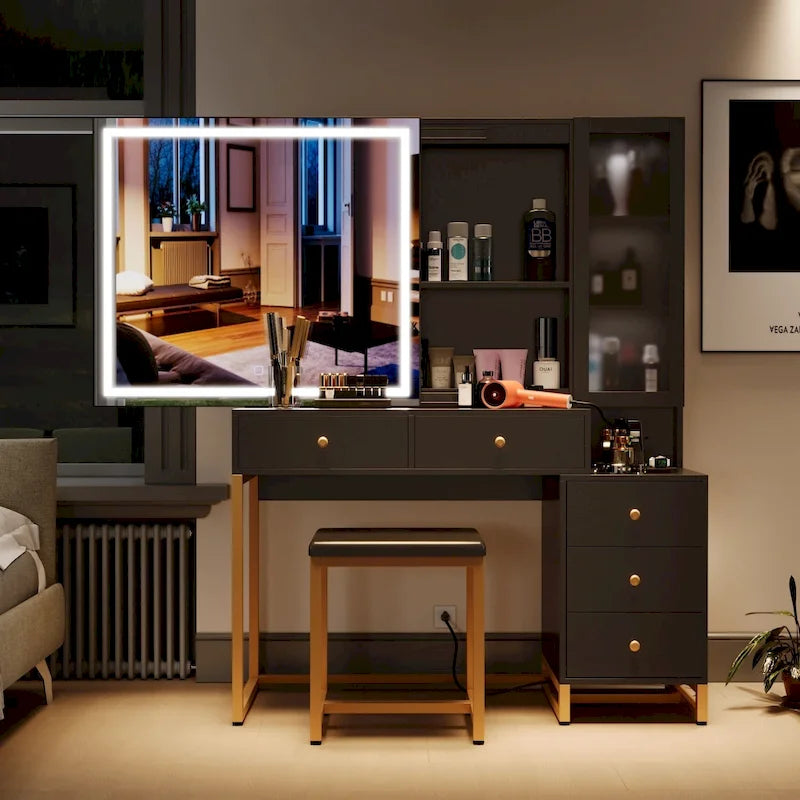 Ensemble coiffeuse avec miroir lumineux et station de recharge, coiffeuse avec miroir extra large, blanc