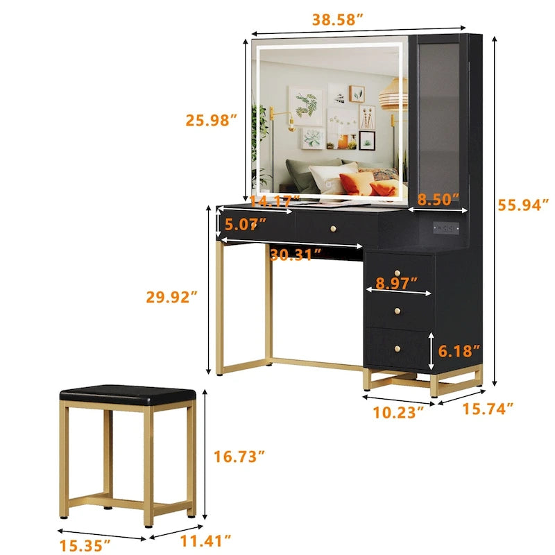 Ensemble coiffeuse avec miroir lumineux et station de recharge, coiffeuse avec miroir extra large, blanc