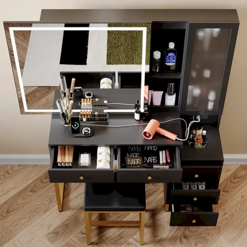Ensemble coiffeuse avec miroir lumineux et station de recharge, coiffeuse avec miroir extra large, blanc