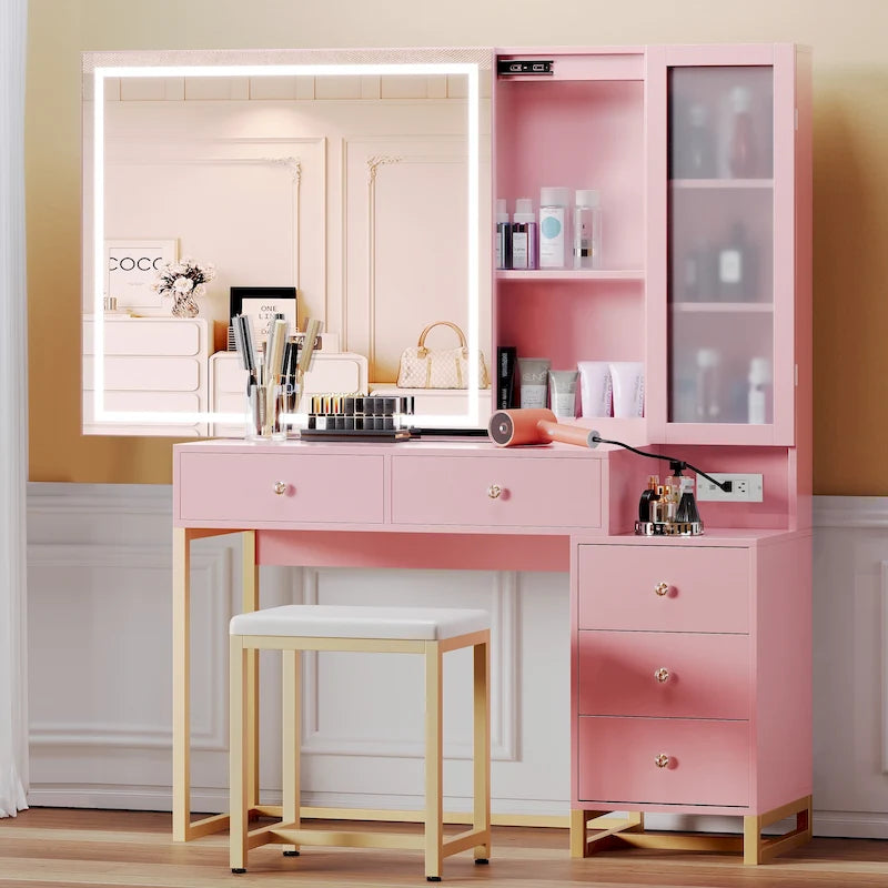 Ensemble coiffeuse avec miroir lumineux et station de recharge, coiffeuse avec miroir extra large, blanc