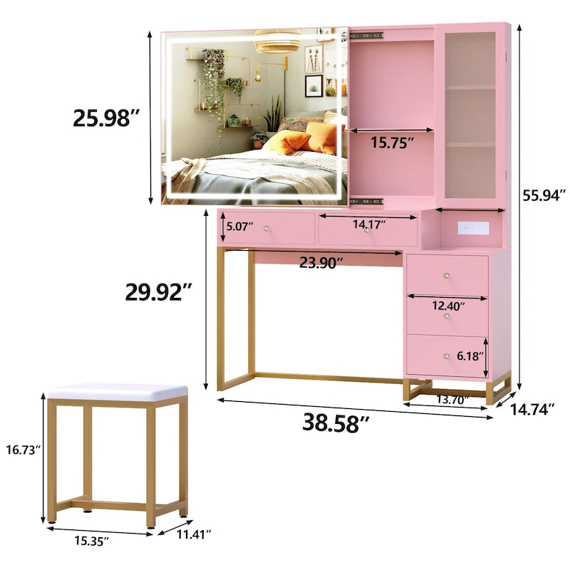Ensemble coiffeuse avec miroir lumineux et station de recharge, coiffeuse avec miroir extra large, blanc