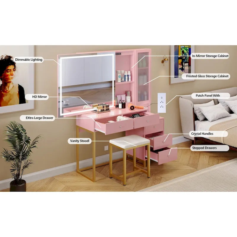 Ensemble coiffeuse avec miroir lumineux et station de recharge, coiffeuse avec miroir extra large, blanc