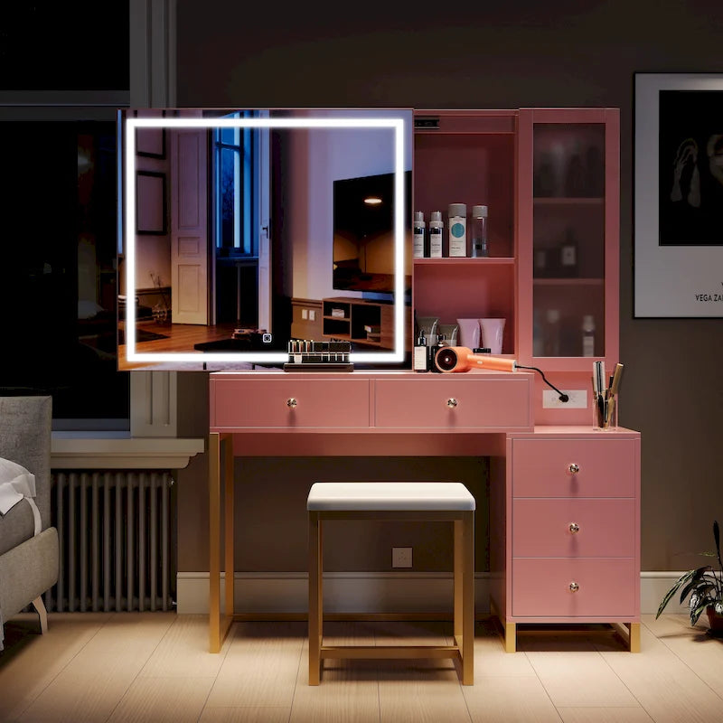 Ensemble coiffeuse avec miroir lumineux et station de recharge, coiffeuse avec miroir extra large, blanc