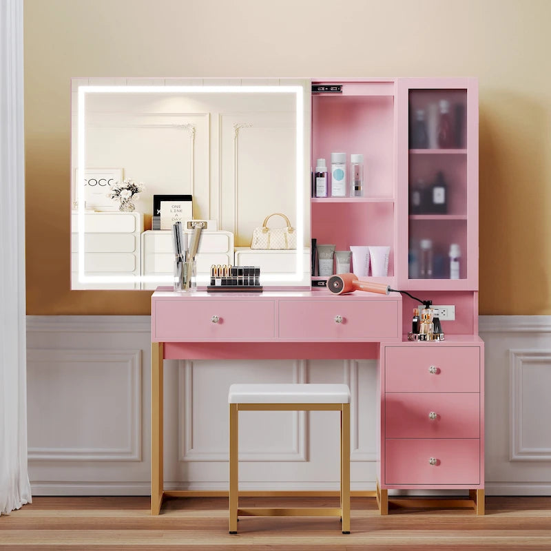 Ensemble coiffeuse avec miroir lumineux et station de recharge, coiffeuse avec miroir extra large, blanc