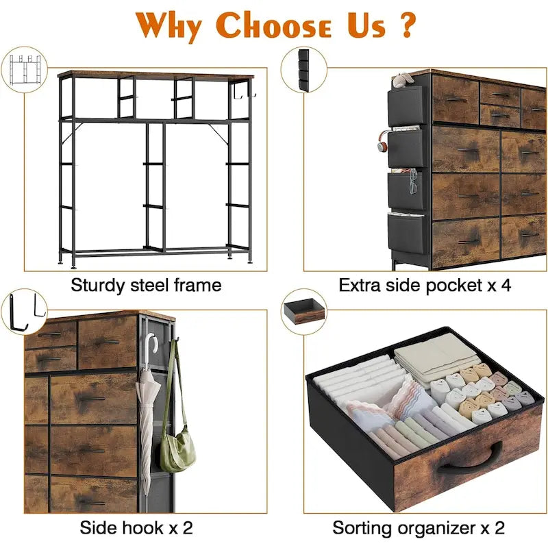 Commode à 10 tiroirs en tissu, tour de rangement pour chambre à coucher