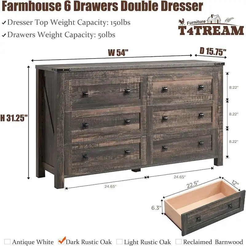 Commode de style campagnard à 6 tiroirs, meuble TV en bois, commode