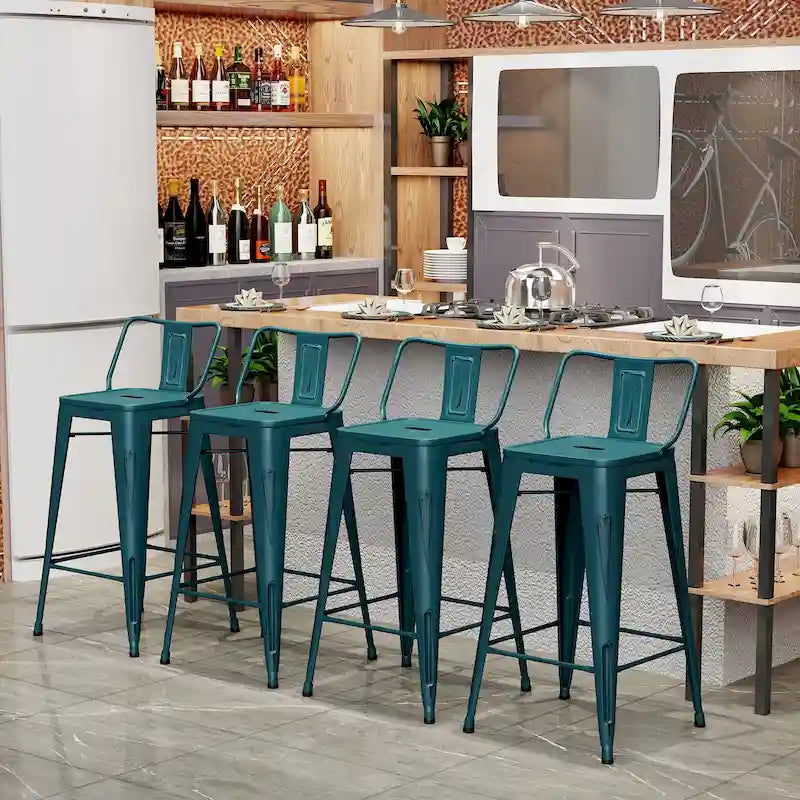 Ensemble de 4 tabourets de bar en métal, tabourets de bar à dossier bas pour intérieur/extérieur