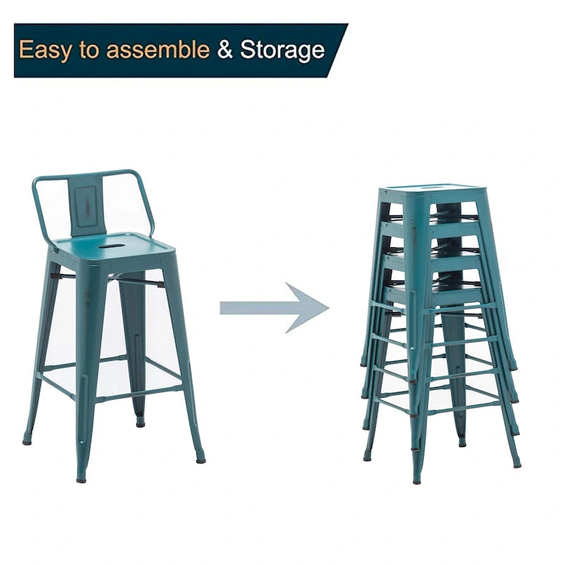 Ensemble de 4 tabourets de bar en métal, tabourets de bar à dossier bas pour intérieur/extérieur