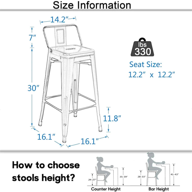 Ensemble de 4 tabourets de bar en métal, tabourets de bar à dossier bas pour intérieur/extérieur