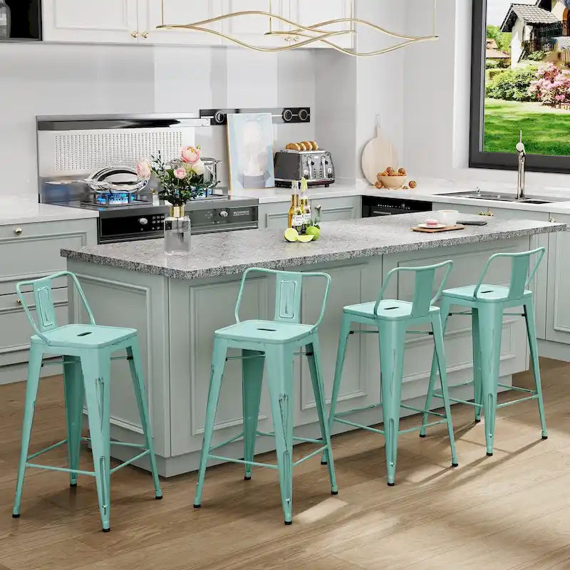 Ensemble de 4 tabourets de bar en métal, tabourets de bar à dossier bas pour intérieur/extérieur