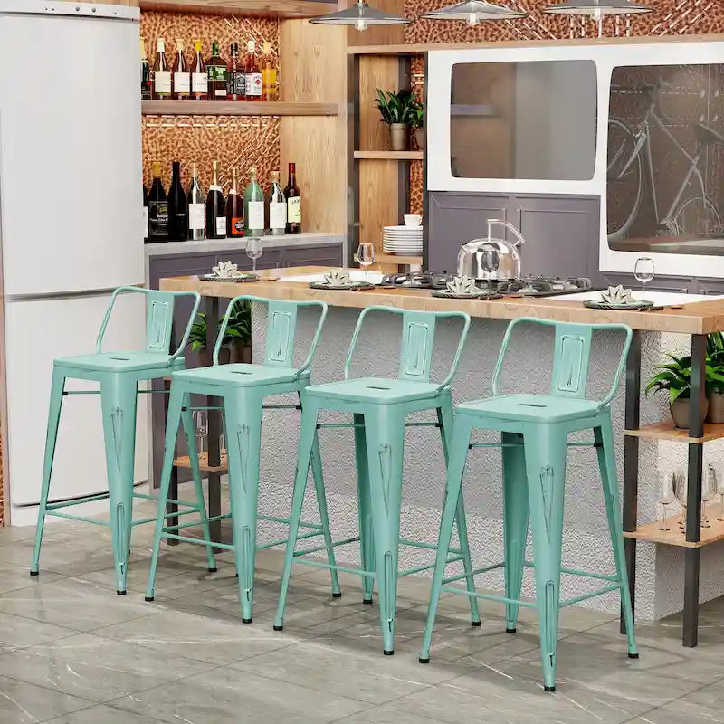 Ensemble de 4 tabourets de bar en métal, tabourets de bar à dossier bas pour intérieur/extérieur