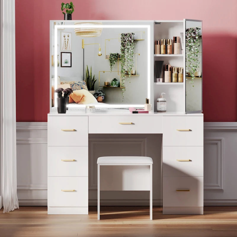 Ensemble coiffeuse avec miroir lumineux, coiffeuse extra large avec 7 tiroirs, blanche