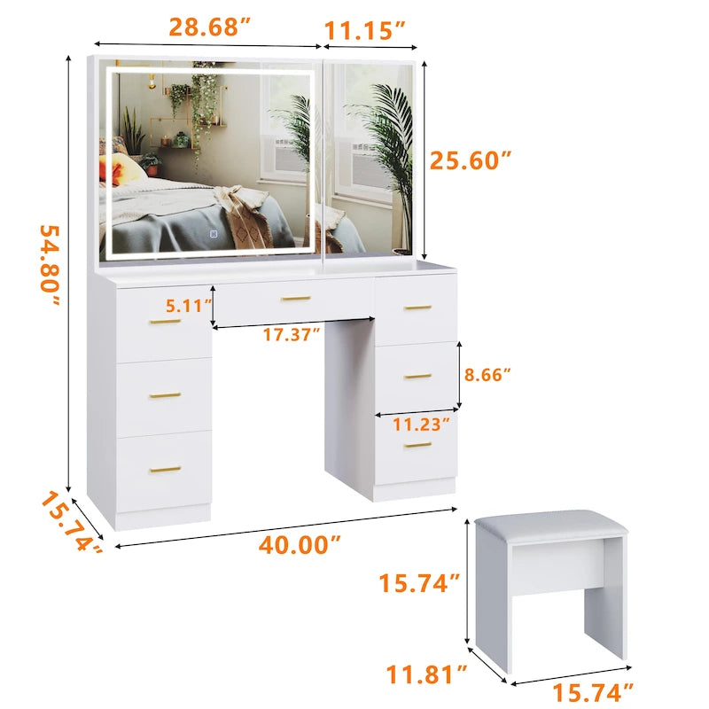 Ensemble coiffeuse avec miroir lumineux, coiffeuse extra large avec 7 tiroirs, blanche