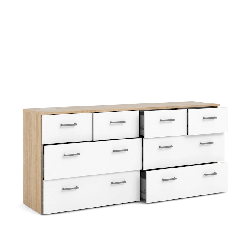 Porche et coin détente : structure en chêne et commode double blanche à 8 tiroirs