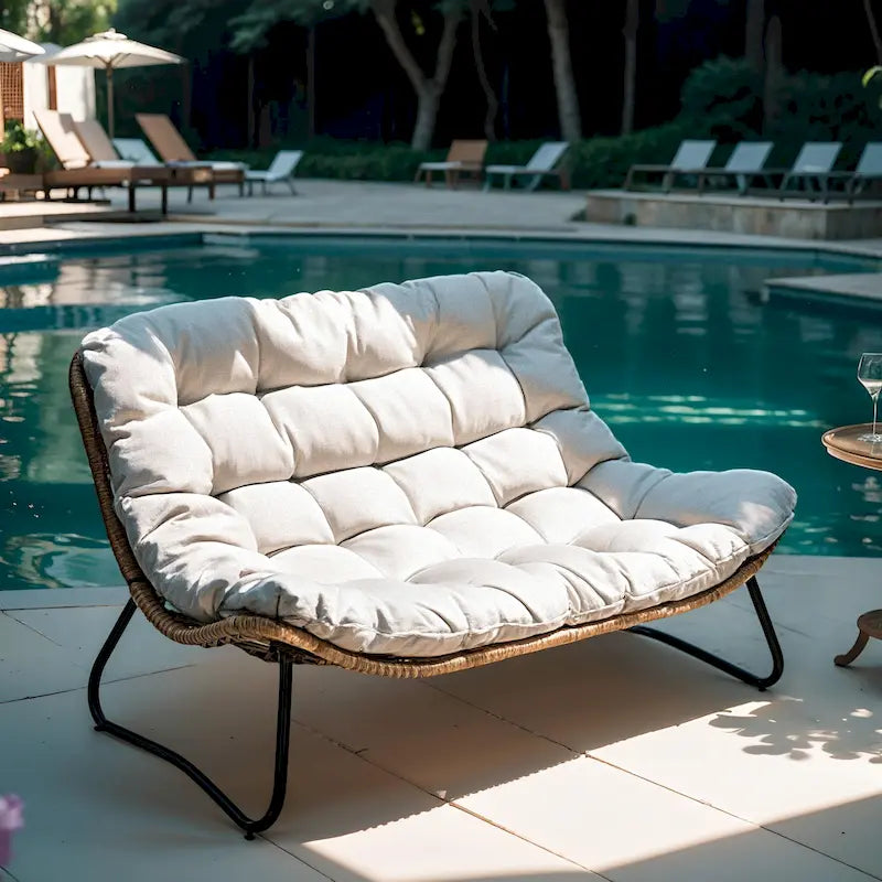 Fauteuil Papasan double deux places avec coussin, en rotin PE résistant aux intempéries et structure en métal pour intérieur et extérieur