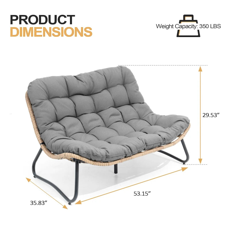 Fauteuil Papasan double deux places avec coussin, en rotin PE résistant aux intempéries et structure en métal pour intérieur et extérieur