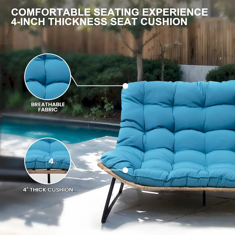 Fauteuil Papasan double deux places avec coussin, en rotin PE résistant aux intempéries et structure en métal pour intérieur et extérieur