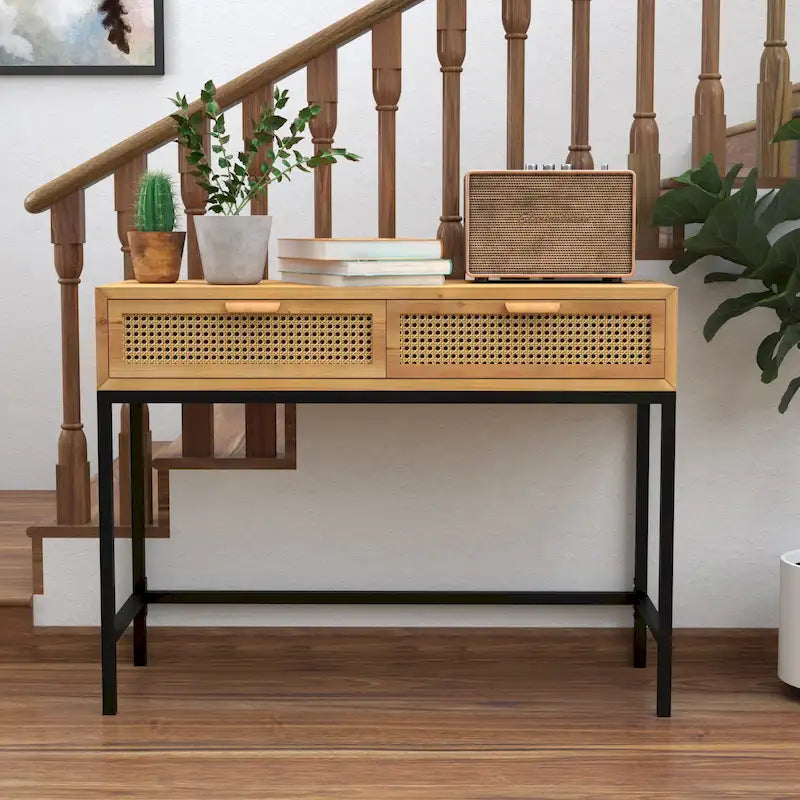 Table console moderne de style ferme COZAYH 44 avec façade tissée et canapé