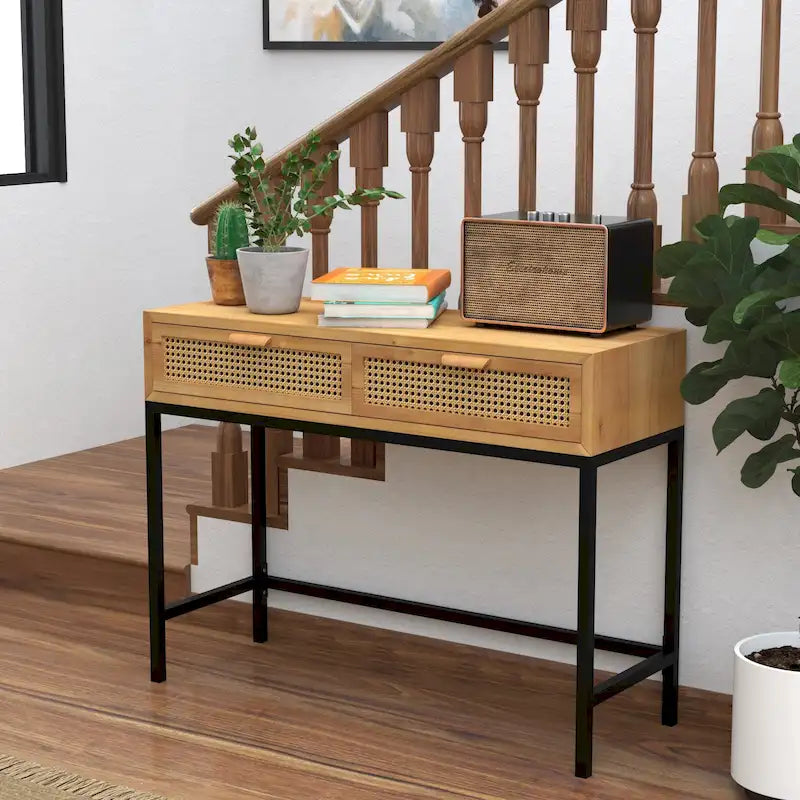 Table console moderne de style ferme COZAYH 44 avec façade tissée et canapé